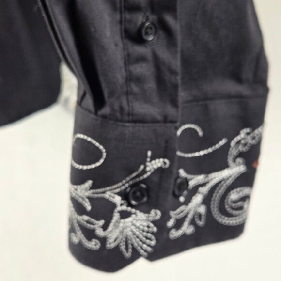 Milano Moda Size 2XL Button Up Shirt Black with White Brown Embroidery - Picture 6 of 13